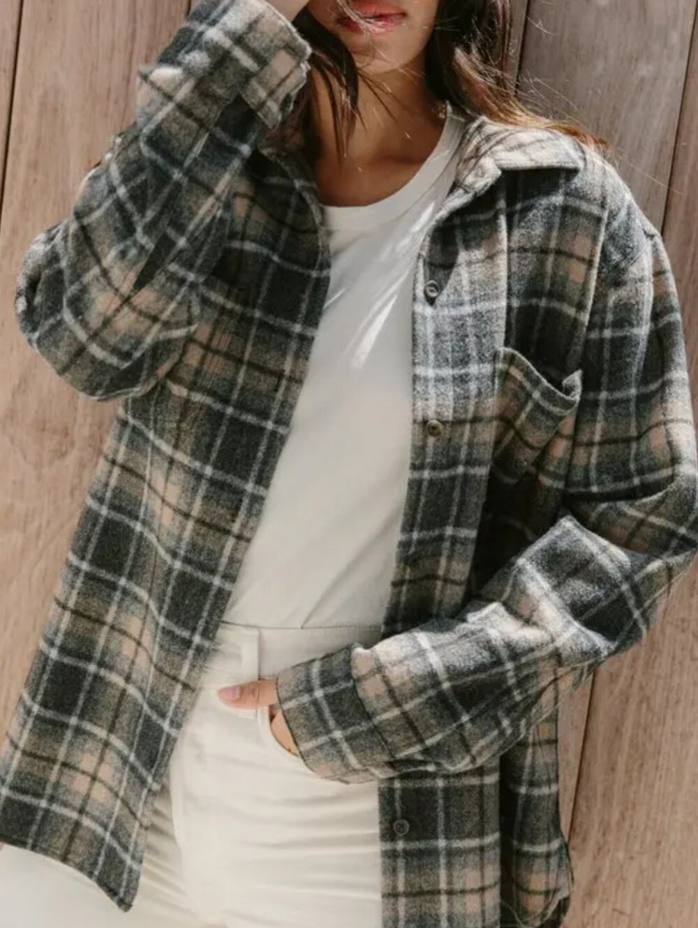 Jenni Kayne O'Keeffe Overshirt In Charcoal Plaid Wool Blend